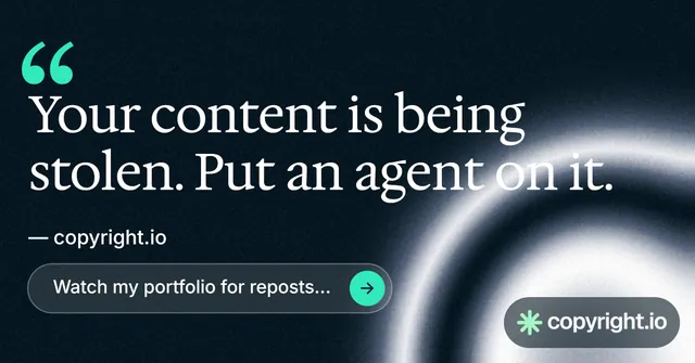 Social ad for copyright.io: "Your content is being stolen." Agentic glass style, quote layout, dark palette in black, blue, grey.