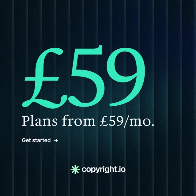 Instagram post for copyright.io: "See the plan first." Minimal luxury style, stat layout, dark palette in black, teal.