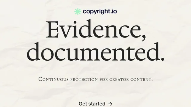 Landscape graphic for copyright.io: "Evidence, documented." Editorial style, smallcaps layout, light palette in white, grey.