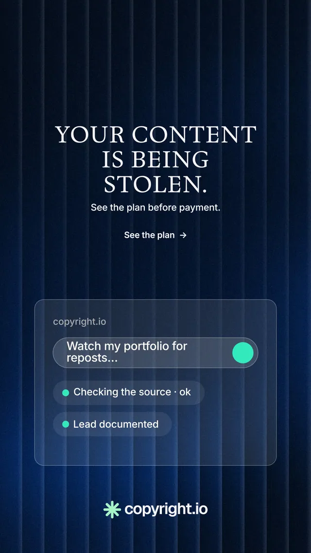 Instagram story for copyright.io: "Your content is being stolen." Minimal luxury style, centred layout, dark palette in blue, black.