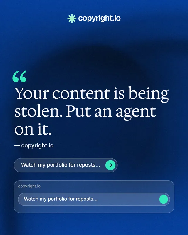 Instagram portrait post for copyright.io: "Continuous protection for creators." Agentic glass style, quote layout, dark palette in blue.
