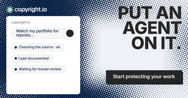 Social ad for copyright.io: "Put an agent on it." Brutalist style, right layout, light palette in blue, grey, white.