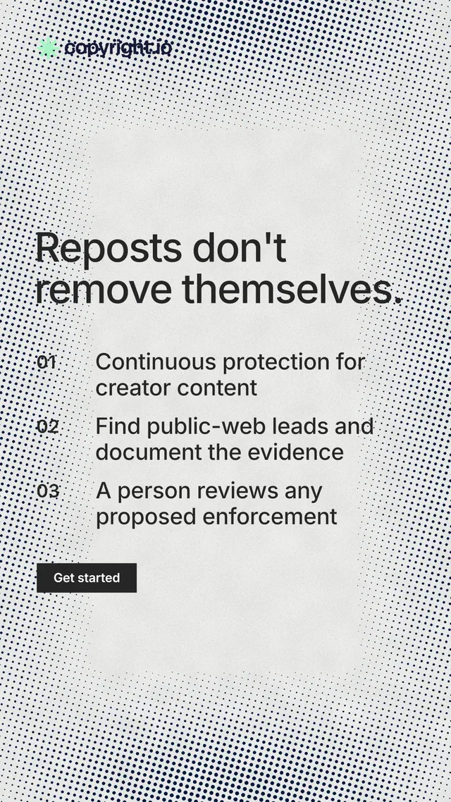 Instagram story for copyright.io: "Reposts don't remove themselves." Retro print style, numbered layout, light palette in white, grey.