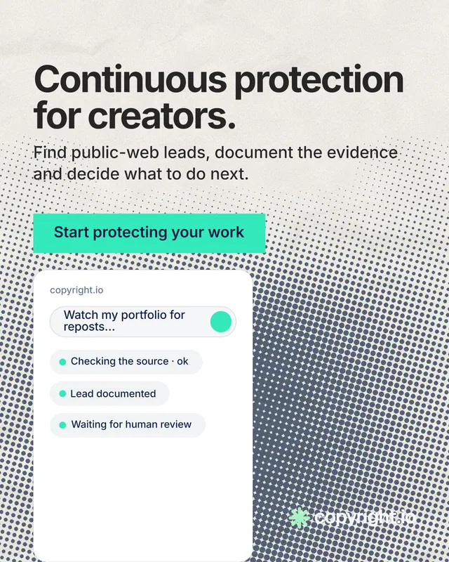 Instagram portrait post for copyright.io: "Continuous protection for creators." Swiss style, skeleton layout, light palette in grey, white, green.