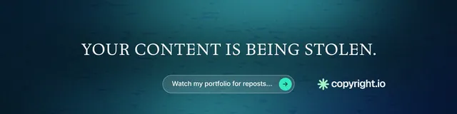 LinkedIn banner for copyright.io: "Your content is being stolen." Agentic glass style, centred layout, dark palette in black, teal, blue.