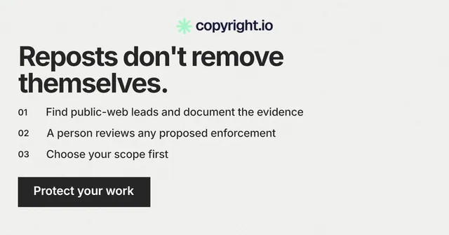 Social ad for copyright.io: "Reposts don't remove themselves." Swiss style, numbered layout, light palette in white, grey.