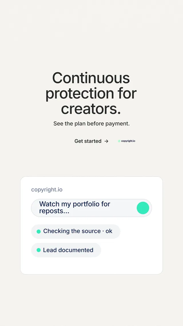 Instagram story for copyright.io: "Continuous protection for creators." Minimal luxury style, centred layout, light palette in white.