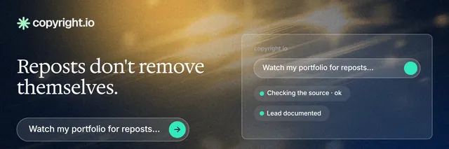 X header for copyright.io: "Reposts don't remove themselves." Agentic glass style, bottom layout, dark palette in black, blue, grey.