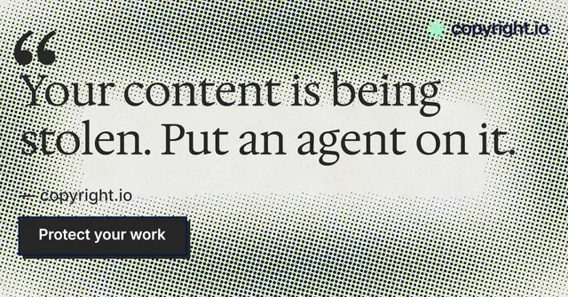 Social ad for copyright.io: "Reposts don't remove themselves." Brutalist style, quote layout, light palette in grey, white.