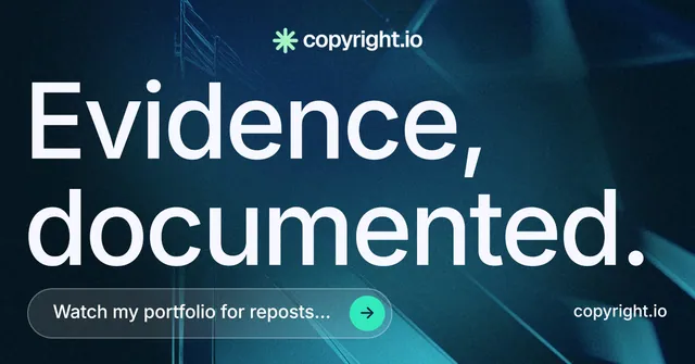 Social ad for copyright.io: "Evidence, documented." Agentic glass style, poster layout, dark palette in blue, black.