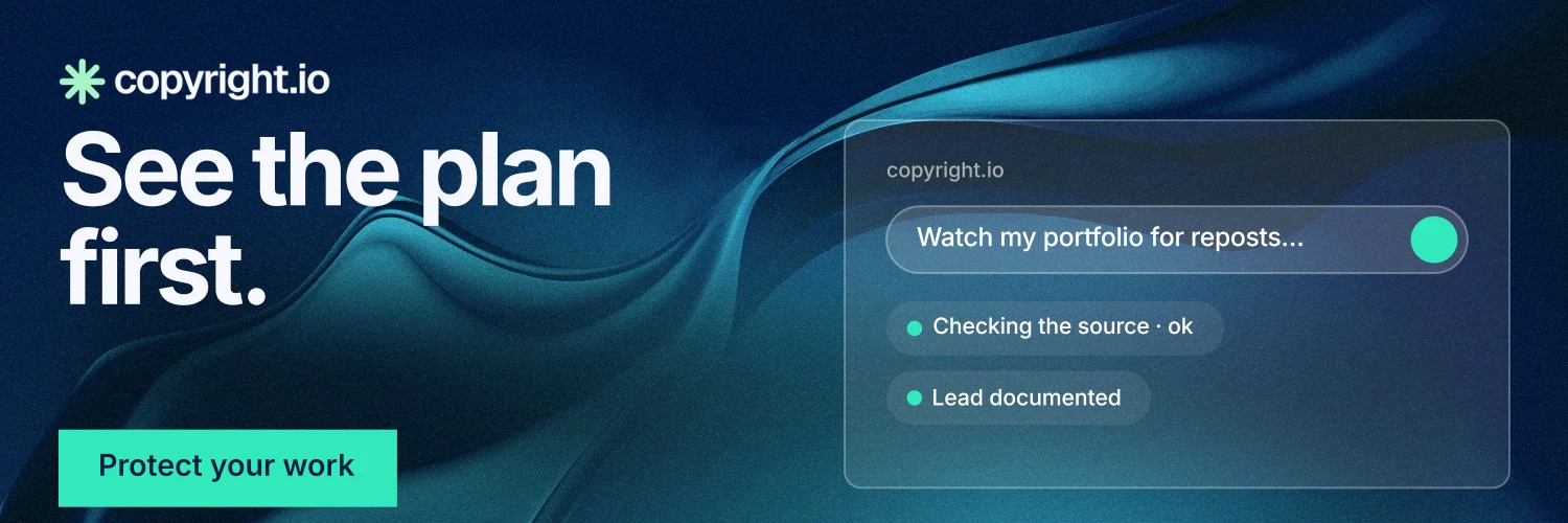 X header for copyright.io: "See the plan first." Swiss style, bottom layout, dark palette in black, blue, teal.
