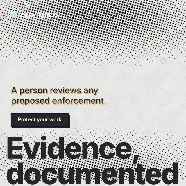 Instagram post for copyright.io: "Your content is being stolen." Brutalist style, oversized layout, light palette in grey, white.