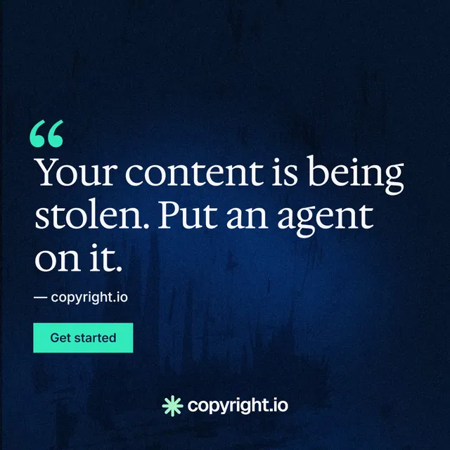Instagram post for copyright.io: "Put an agent on it." Swiss style, quote layout, dark palette in black, blue.