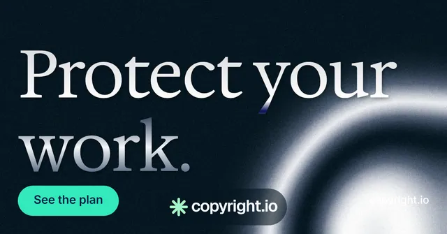 Social ad for copyright.io: "Protect your work." Y2K style, poster layout, dark palette in black, grey, blue.