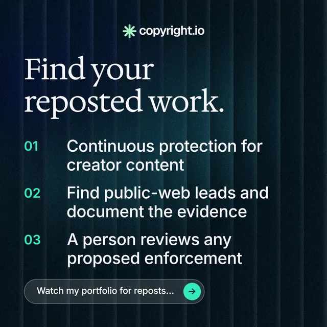 Instagram post for copyright.io: "Find your reposted work." Agentic glass style, numbered layout, dark palette in black, grey.