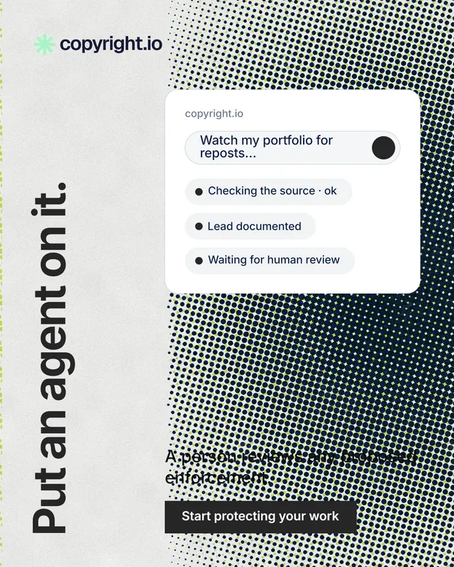 Instagram portrait post for copyright.io: "Put an agent on it." Swiss style, vertical layout, light palette in white, grey.