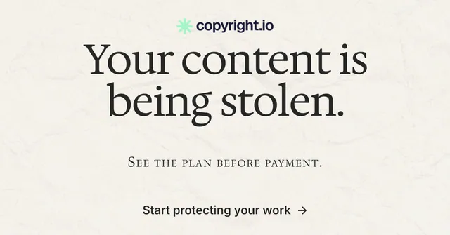 Social ad for copyright.io: "Your content is being stolen." Editorial style, smallcaps layout, light palette in white, grey.