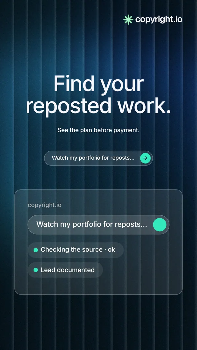 Instagram story for copyright.io: "Find your reposted work." Agentic glass style, centred layout, dark palette in black, blue, grey.