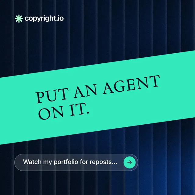 Instagram post for copyright.io: "Put an agent on it." Agentic glass style, diagonal layout, dark palette in teal, blue, black.