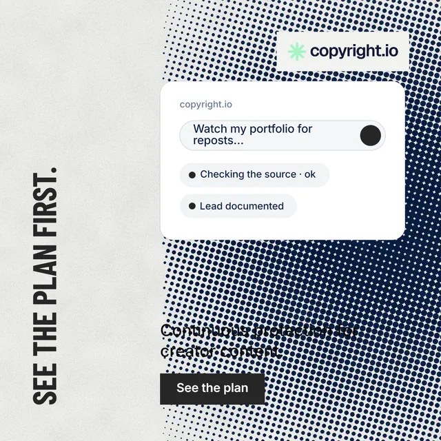 Instagram post for copyright.io: "See the plan first." Retro print style, vertical layout, light palette in white, grey.