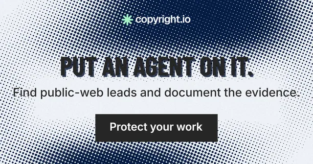 Social ad for copyright.io: "Put an agent on it." Retro print style, skeleton layout, light palette in blue, grey, white.