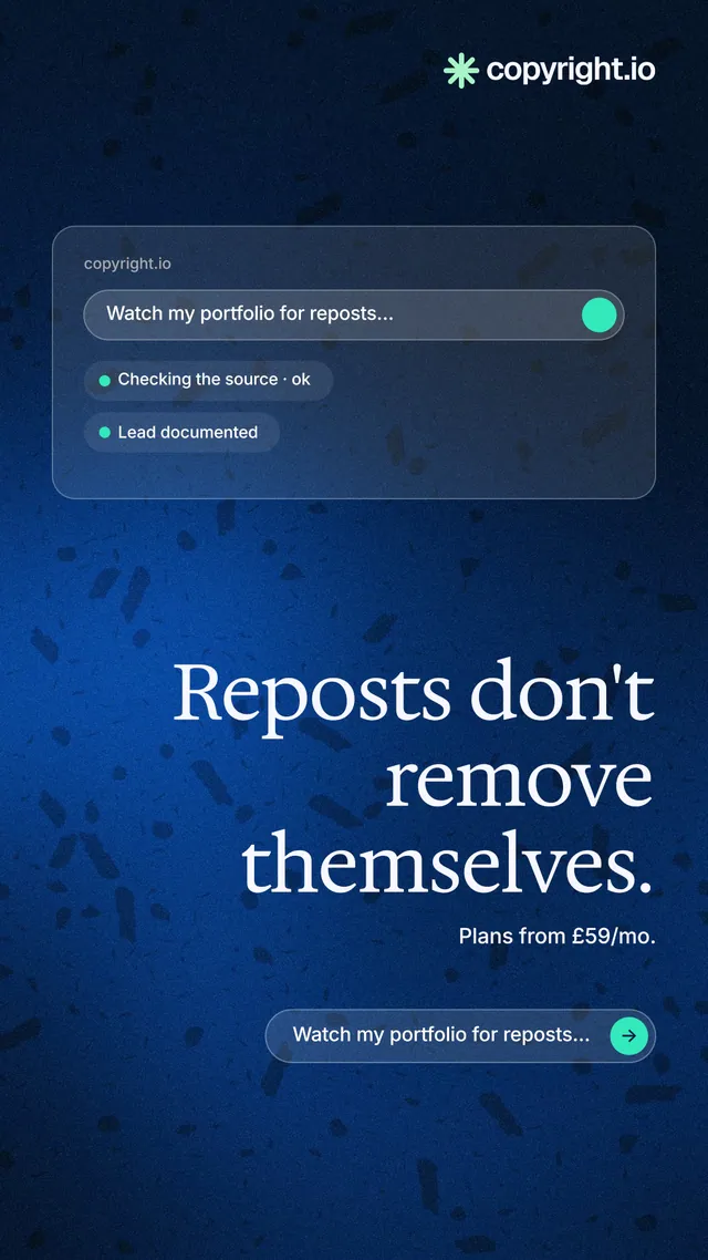 Instagram story for copyright.io: "Reposts don't remove themselves." Agentic glass style, right layout, dark palette in blue, black.