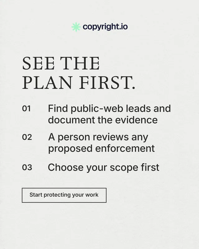 Instagram portrait post for copyright.io: "See the plan first." Editorial style, numbered layout, light palette in white, grey.