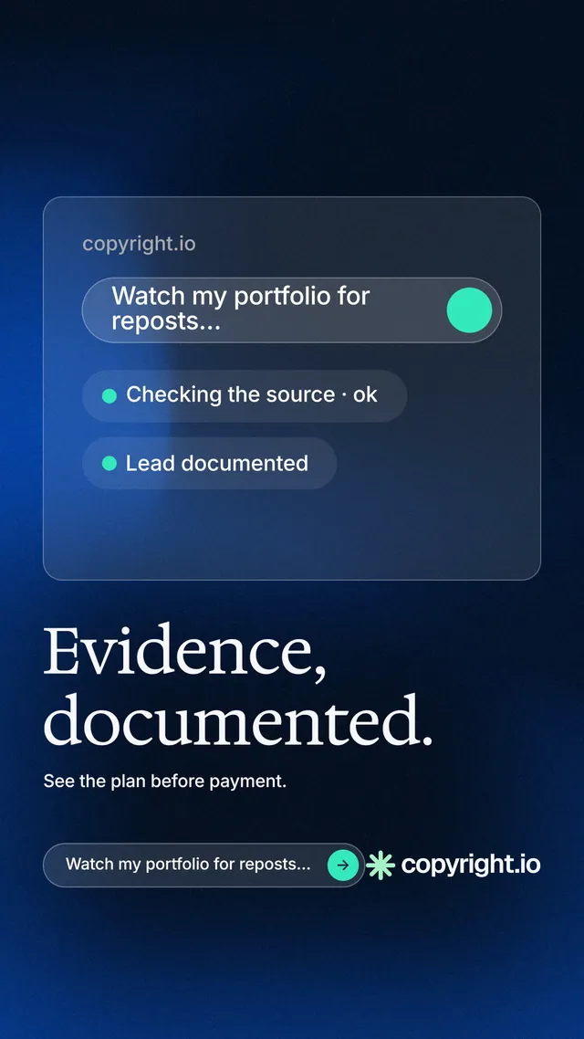 Instagram story for copyright.io: "Evidence, documented." Agentic glass style, bottom layout, dark palette in blue, black.