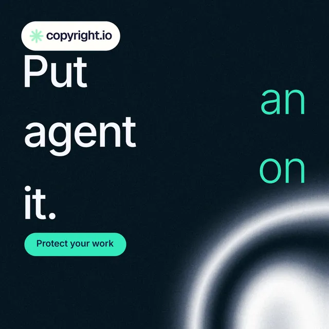 Instagram post for copyright.io: "Put an agent on it." Y2K style, stacked layout, dark palette in black, grey.