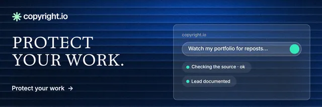 X header for copyright.io: "Protect your work." Minimal luxury style, bottom layout, dark palette in blue, black.