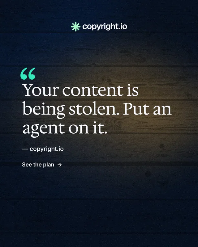 Instagram portrait post for copyright.io: "Your content is being stolen." Minimal luxury style, quote layout, dark palette in blue, black, grey.