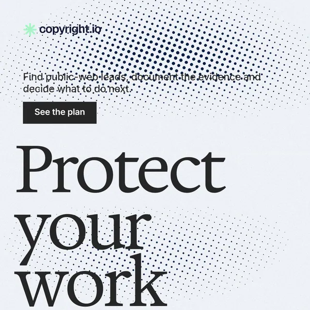 Instagram post for copyright.io: "See the plan first." Split block style, oversized layout, light palette in white, blue, grey.
