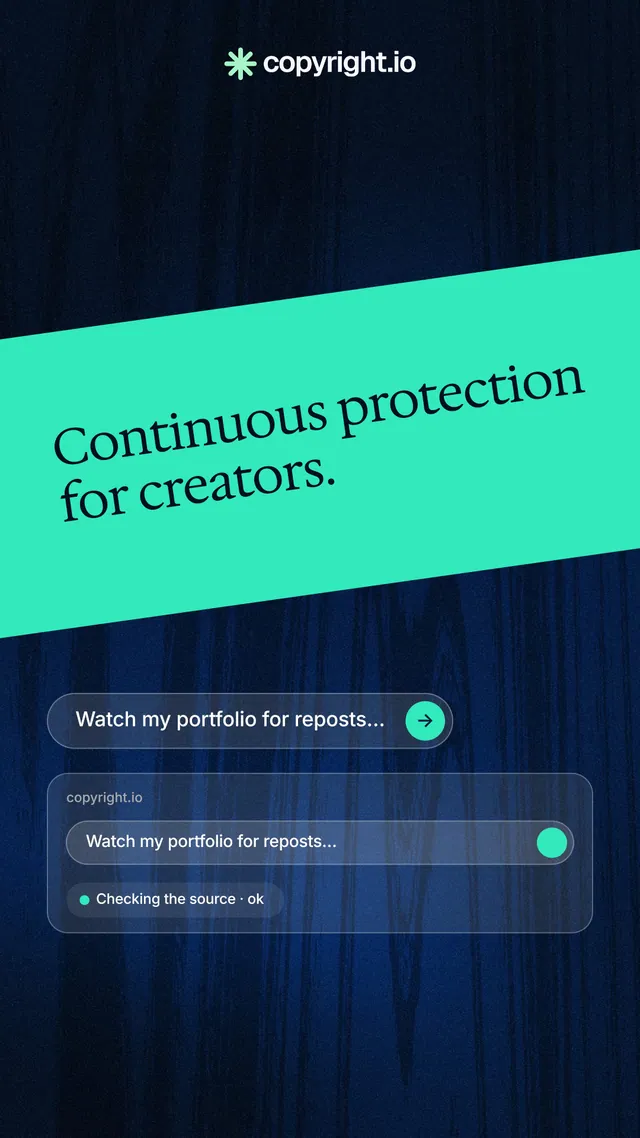 Instagram story for copyright.io: "Continuous protection for creators." Agentic glass style, diagonal layout, dark palette in teal, black, blue.