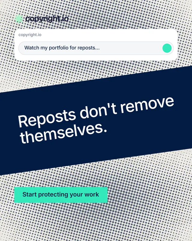 Instagram portrait post for copyright.io: "Reposts don't remove themselves." Swiss style, diagonal layout, light palette in blue, grey, white.