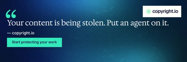 X header for copyright.io: "Evidence, documented." Swiss style, quote layout, dark palette in blue, teal.