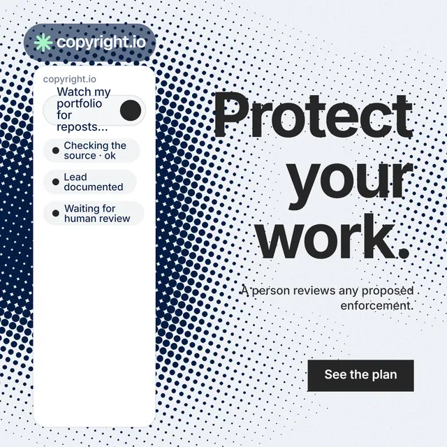 Instagram post for copyright.io: "Protect your work." Swiss style, right layout, light palette in white, grey.
