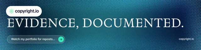 LinkedIn banner for copyright.io: "Evidence, documented." Agentic glass style, poster layout, dark palette in blue, teal.