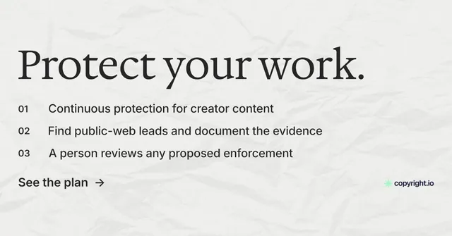 Social ad for copyright.io: "Protect your work." Minimal luxury style, numbered layout, light palette in white, grey.