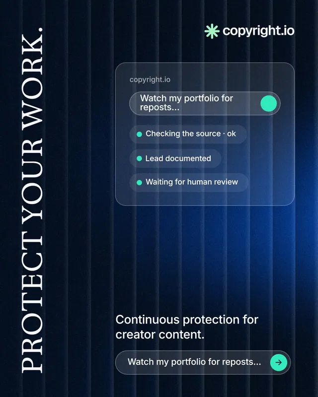 Instagram portrait post for copyright.io: "Protect your work." Agentic glass style, vertical layout, dark palette in blue, black.