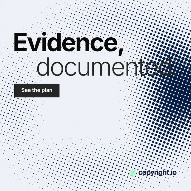 Instagram post for copyright.io: "Evidence, documented." Swiss style, stacked layout, light palette in blue, grey, white.
