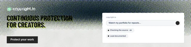 LinkedIn banner for copyright.io: "Continuous protection for creators." Retro print style, bottom layout, light palette in black, white, grey.
