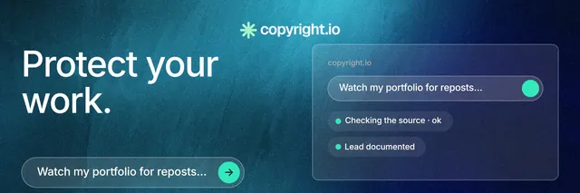 X header for copyright.io: "Protect your work." Agentic glass style, bottom layout, dark palette in blue, teal.