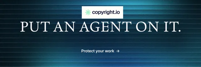 X header for copyright.io: "Put an agent on it." Minimal luxury style, centred layout, dark palette in blue, black.