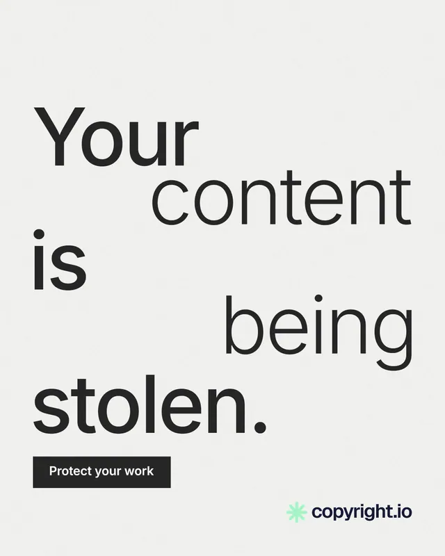 Instagram portrait post for copyright.io: "Your content is being stolen." Swiss style, stacked layout, light palette in white, grey.