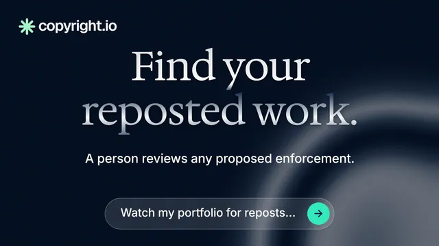 Landscape graphic for copyright.io: "Find your reposted work." Agentic glass style, centred layout, dark palette in black, grey, blue.