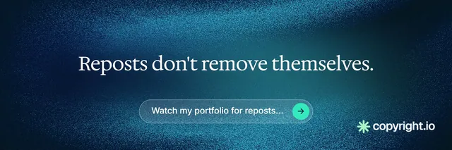 X header for copyright.io: "Reposts don't remove themselves." Agentic glass style, centred layout, dark palette in black, blue, teal.