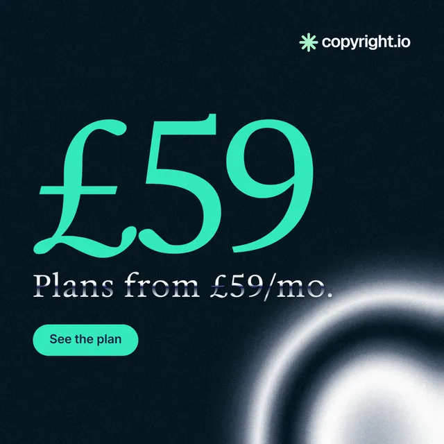 Instagram post for copyright.io: "Protect your work." Y2K style, stat layout, dark palette in black, teal.