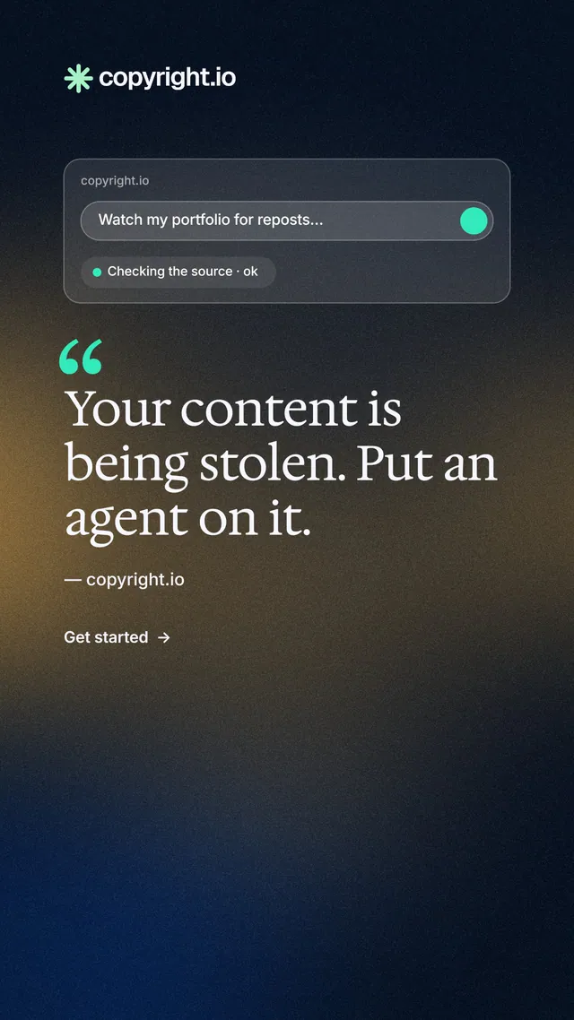 Instagram story for copyright.io: "Continuous protection for creators." Minimal luxury style, quote layout, dark palette in black, blue, grey.