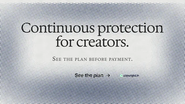 Landscape graphic for copyright.io: "Continuous protection for creators." Swiss style, smallcaps layout, light palette in grey, white.