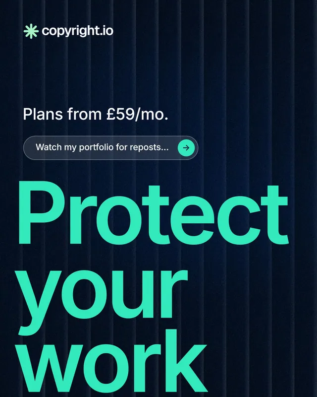 Instagram portrait post for copyright.io: "Protect your work." Agentic glass style, oversized layout, dark palette in black, teal.